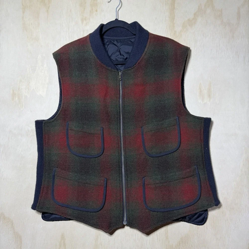 Vintage Polo Sport Ralph Lauren Reversible Vest Wool Plaid Quilted Men's XL